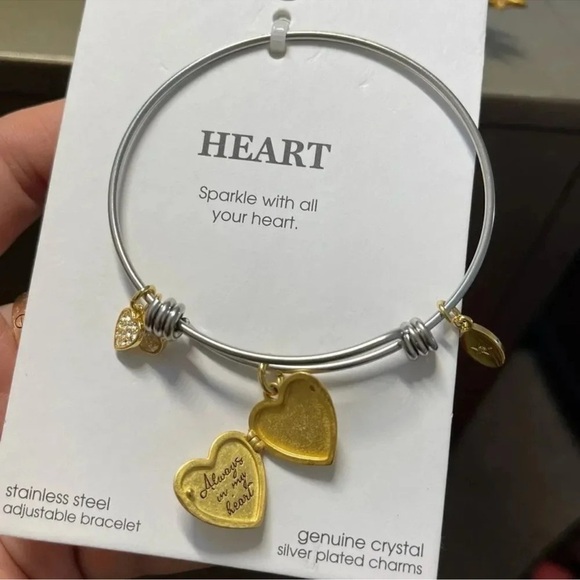 Heart Locket Gold Stainless Steel Waterproof Satin Adjustable Bangle Bracelet - Picture 2 of 4